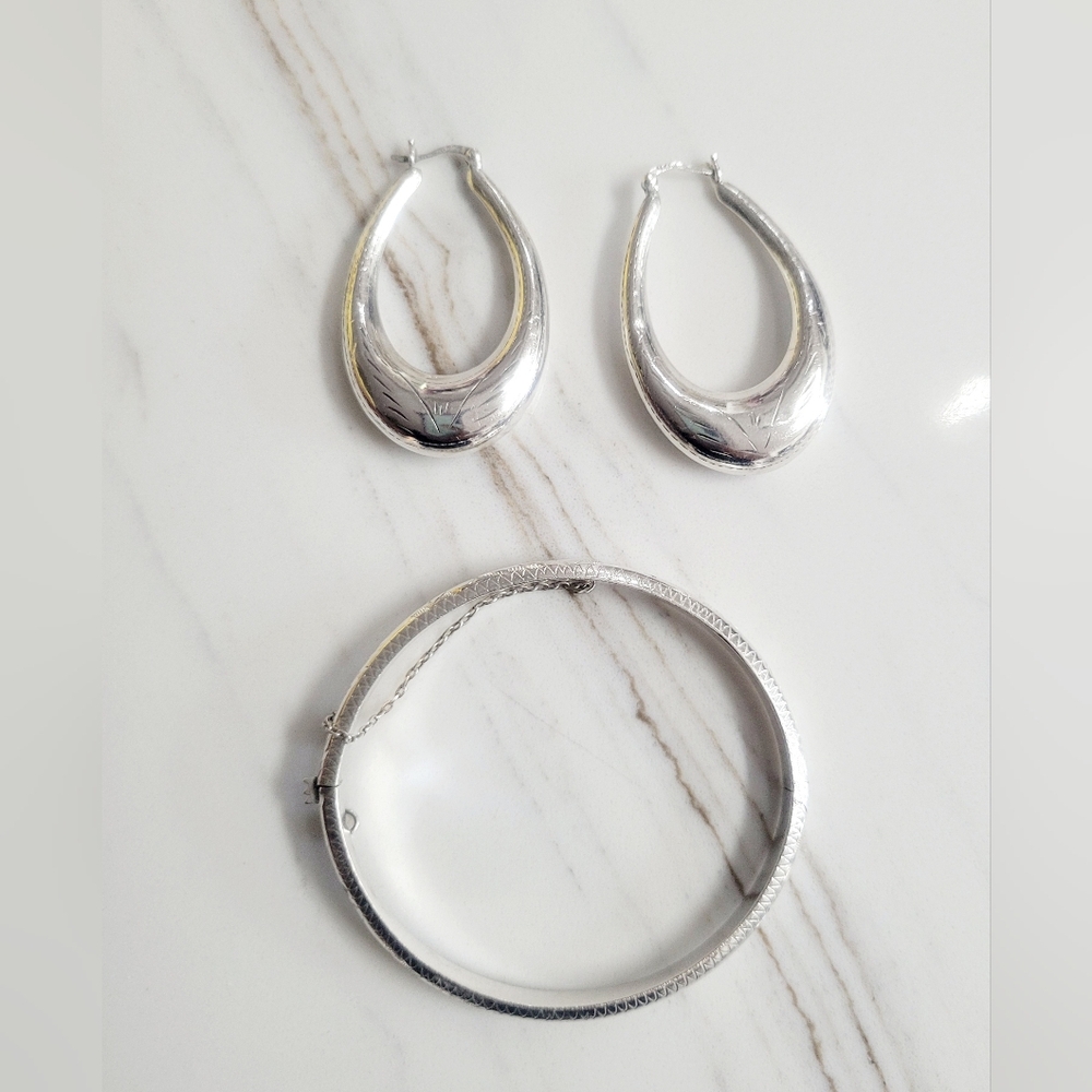 Silver Etched Hoop Earrings and Bangle Set